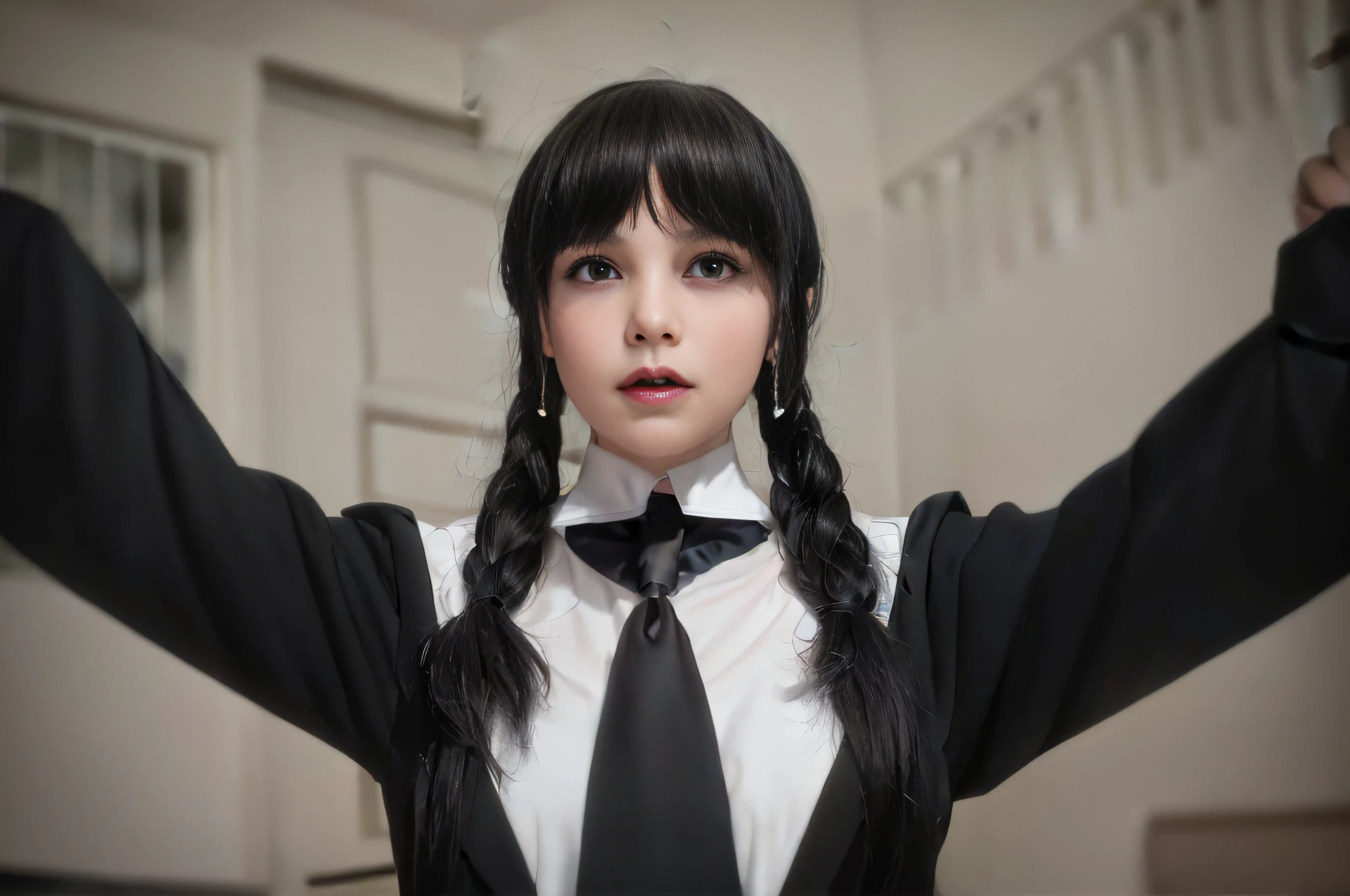 Arafed woman with black hair, black tie and white shirt, with black pigtails, as Wednesday Addams, Wednesday Addams, Hairstyle with two pigtails, Hairstyle: pigtails, Portrait of a cute gothic girl, Black hair and white bangs, Woman with black hair, pigtails, hairsh, Girl with pigtails, She has black hair with bangs, pigtails, rim light, 4k, ultradetailed