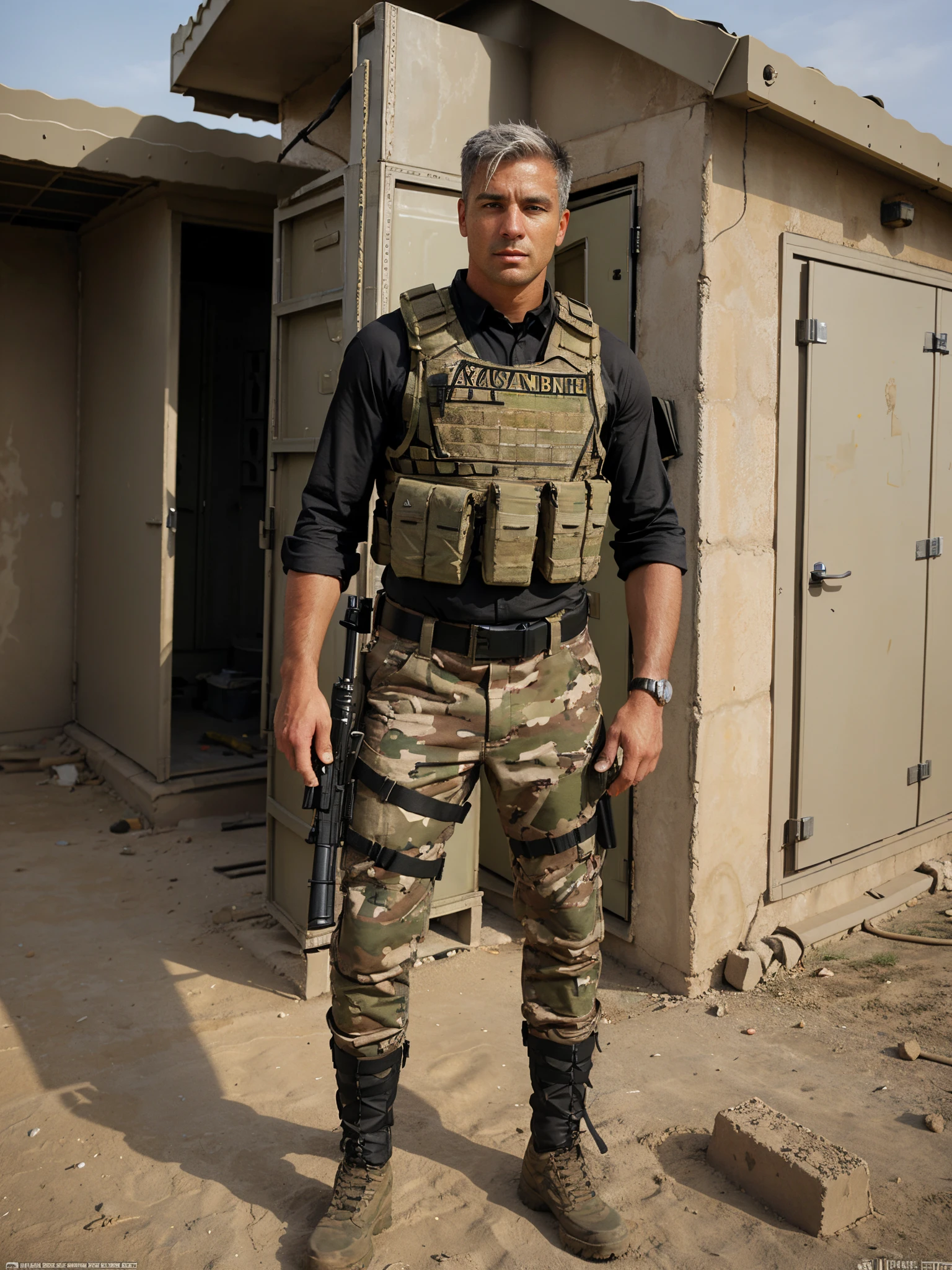 Full body, male, soldier, multi camouflage, black  tan tactical vest, tan holster, tactical boots, Iraq houses background, handsome, white hair, blue eyes, both hands holding the machine gun