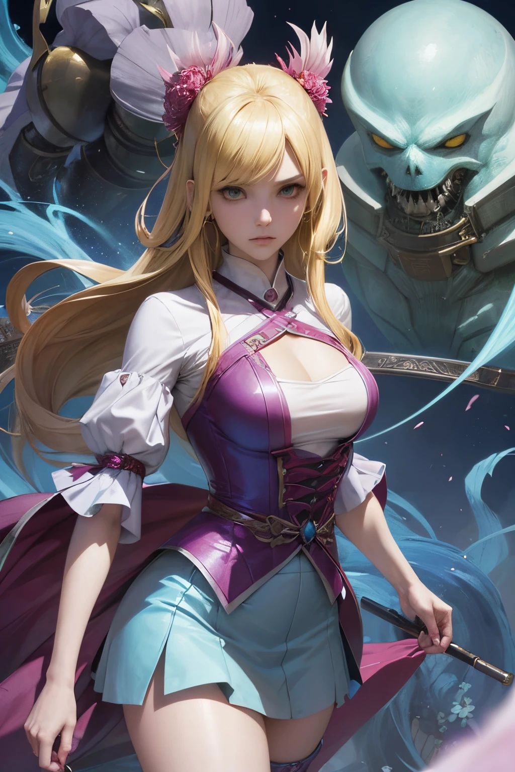Jeff Soto, Sakura Asagi, Surreal, mysterious, strange, fantastical, fantasy, sci-fi, Japanese anime, a giant snowman comes to town, the beautiful blonde miniskirt girl Alice goes to greet it, perfect voluminous body, detailed masterpiece