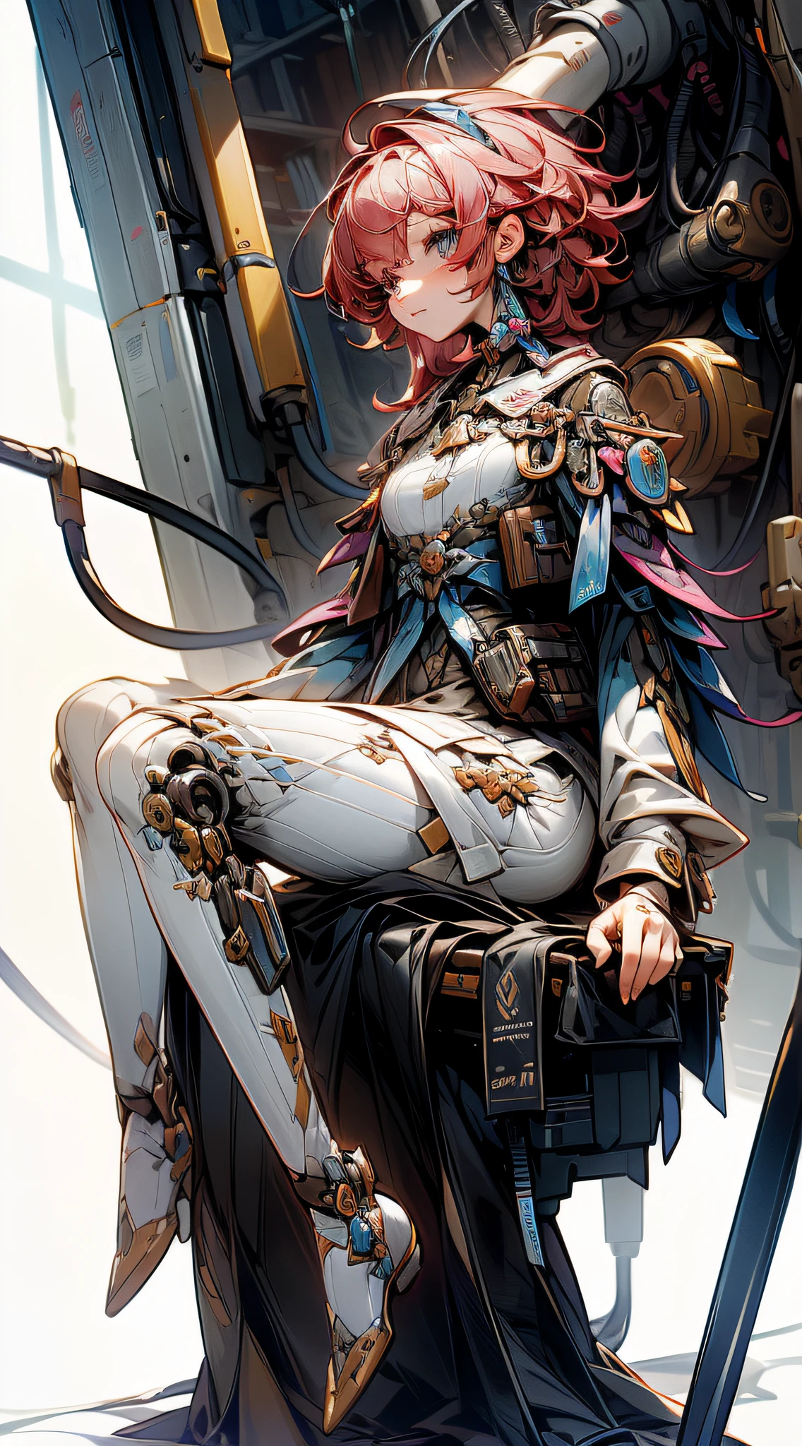 (masutepiece, of the highest quality, Best Quality, Official art, Beautiful and aesthetic:1.2), (1girl in:1.3), ighly detailed,Colorful,highest details ((Ultra-detailed)), (High Definition CG Illustration), ((extremely delicate and beautiful)),Look at viewers, Red hair, Cinematic Light,1girl in,Solo,Full body,(mechanical vertebra attaching to the back),((mechanical cervial attaching to neck)),(Sitting),deadpan,(wires and cables attaching to neck:1.2),(wires and cables on head:1.2)(Character Focus),Science fiction,White background,