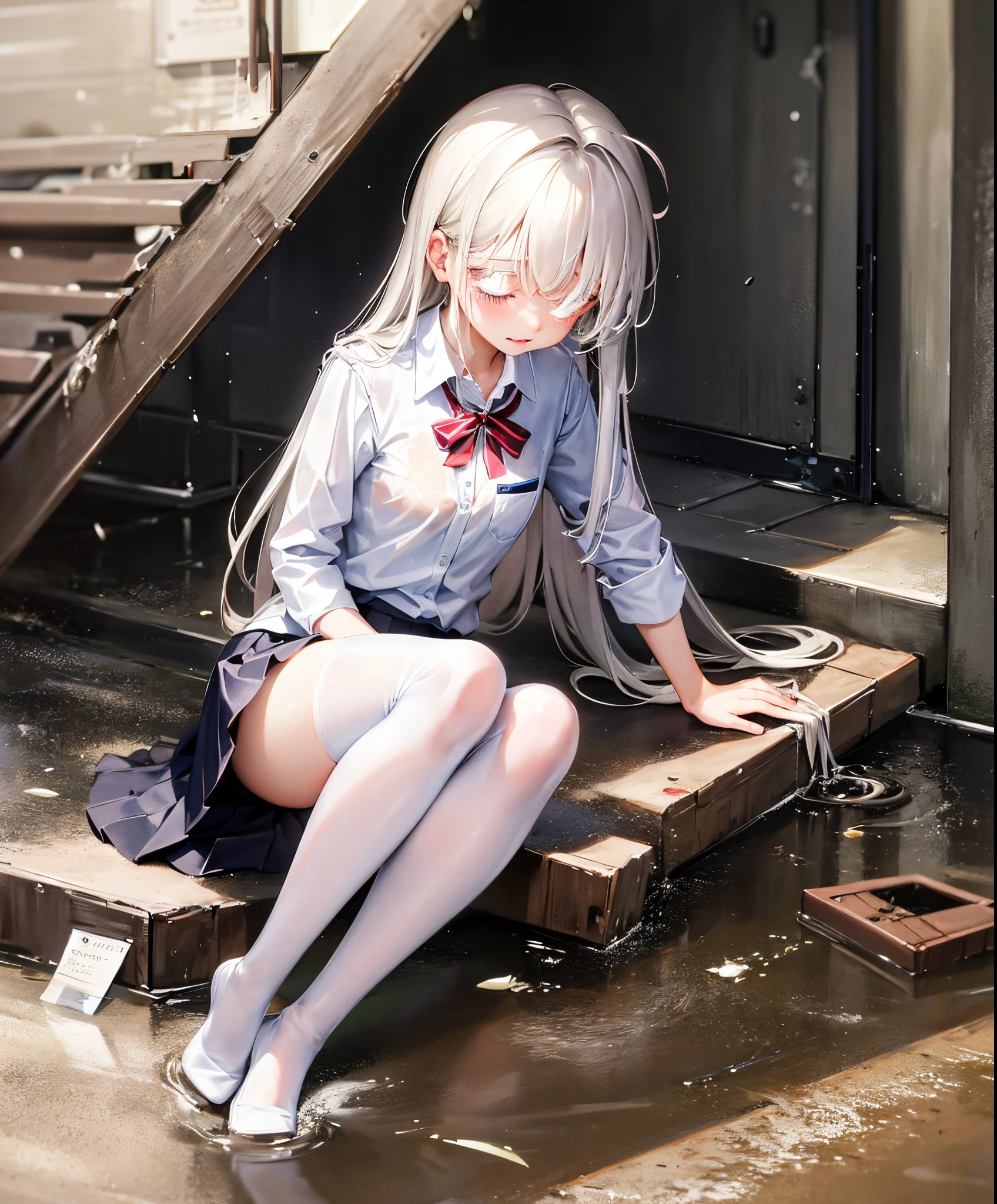 A girl in school uniform sits on the wet ground in a dirty and messy alley，The clothes were soaked with rain。White pantyhose without shoes，（：1.4），She is surrounded by overflowing barrels and piles of，The stench is overwhelming。Tears ran down her face，Quiet and deserted alley，Only her sobs。The rain continued to fall，Banging on the sidewalk，mixed with，Disgusting mud formed around her。