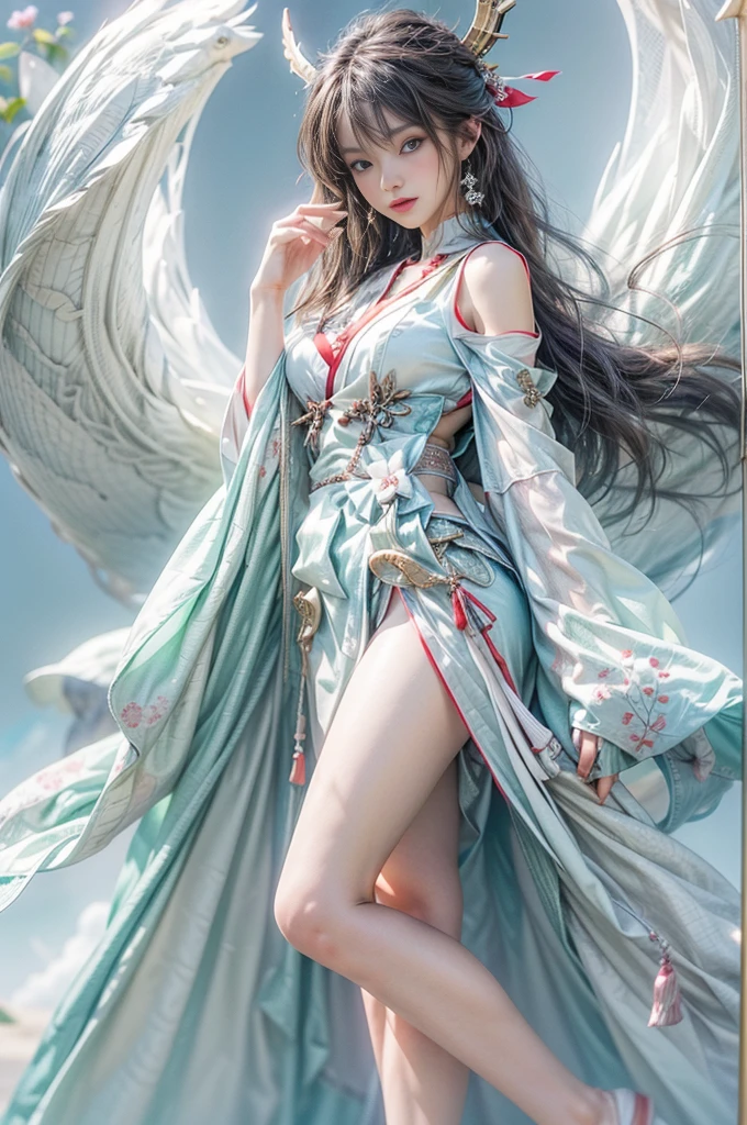 (Photoreal Stick:1.4, masutepiece:1..3, 8K), top-quality, ​masterpiece, 超A high resolution, Perfect dynamic composition, Professional camera work, Grow Light Effect, Mystical portrait, Cinematic Light, Highly detailed skin and facial texture:1.3, The ultra-detailliert, A detailed eye, (ride the silver dragon, carry a long noble staff), (myterious:1.3, Fanciful:1.2, tradition:1.2, legends:1.2, myth:1.2, majestueux:1.2), 1girl in, 25-years old, cute and ???? slim goddess, Fair skin, (A slight smil:0.9, Totally captivates you:1.0), (japanese miko costume:1.3), (voluptuous ???????:0.9), (back shot beautiful blue eyes, Eyes that feel beautiful eros:0.85), ???? face:0.4, (A mouthfeel that feels beautiful eros:0.85), ((Too cute beauty:0.9)), Fantastic background, Eliminate unnecessary hands