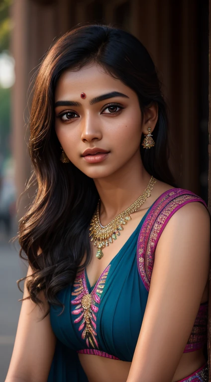 young Indian girl, 20-year-old, saree, gentle lighting, intricate facial details, flawless complexion, top-notch 3D rendering, hyper-realistic, shot on Indian road. photorealistic digital art trending on Artstation 8k HD high definition detailed realistic, detailed, skin texture, hyper detailed, realistic skin texture, armature, best quality, ultra high res, (photorealistic:1.4),, high resolution, detailed, raw photo, 400 camera f1.6 lens rich colors hyper realistic lifelike texture dramatic lighting unrealengine trending on artstation cinestill 800