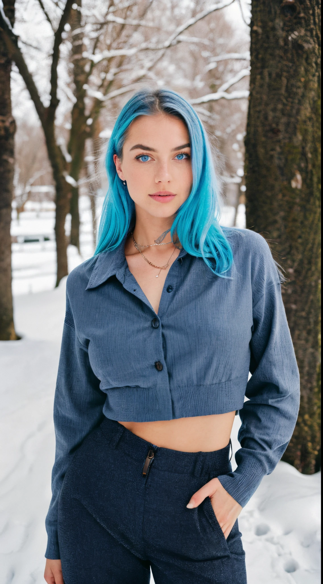 Photorealistic, Best Quality, hyper detailed ,better shadow, A photograph of the whole body from a distance, Dressed in a winter shirt, winter pants and winter shoes, medium-sized bust, beautiful sexy fitness girl, 21 old years, young girl, blue eyes, symmetrical beautiful face, Blue hair, Almond eye , full lips.