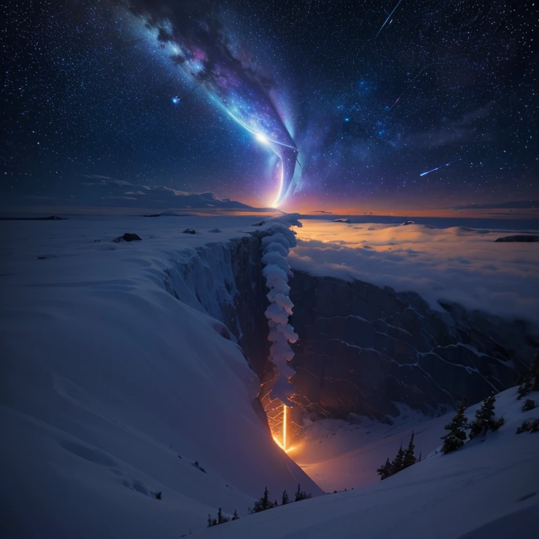 ( starry tornado:1.4), starry Nebula, ((frills)), beautiful detailed sky, blizzard, Looking down on the snowy valley from an altitude of 300 meters