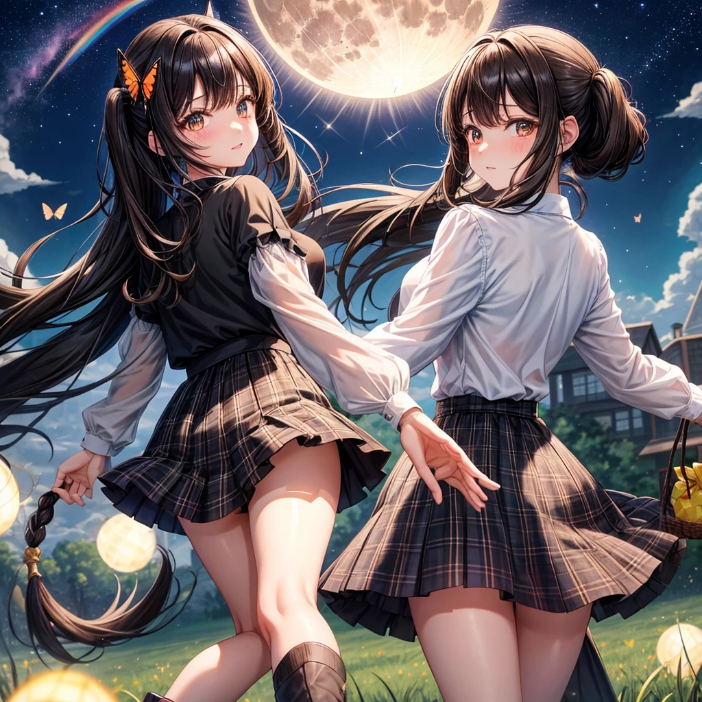 Black brown hair、poneyTail、verd s eyes、one good looking girl、独奏、animesque、lightly dressed、Plaid miniskirt、a black T-shirt、grass field、fullmoon、Meteor swarm、Glittering starry sky、rainbow butterfly flying、colorful accent