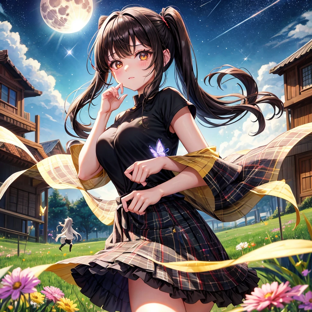 Black brown hair、poneyTail、verd s eyes、one good looking girl、独奏、animesque、lightly dressed、Plaid miniskirt、a black T-shirt、grass field、fullmoon、Meteor swarm、Glittering starry sky、rainbow butterfly flying、colorful accent