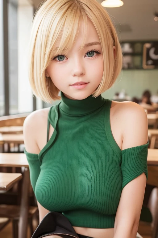 a very cute blonde 14yo girl wearing vivid darker yellowgreen chest-hole-cut-out breast-exposing turtleneck, sitting in cafe posing for picture, bob-cut hair, small breast, raw photo