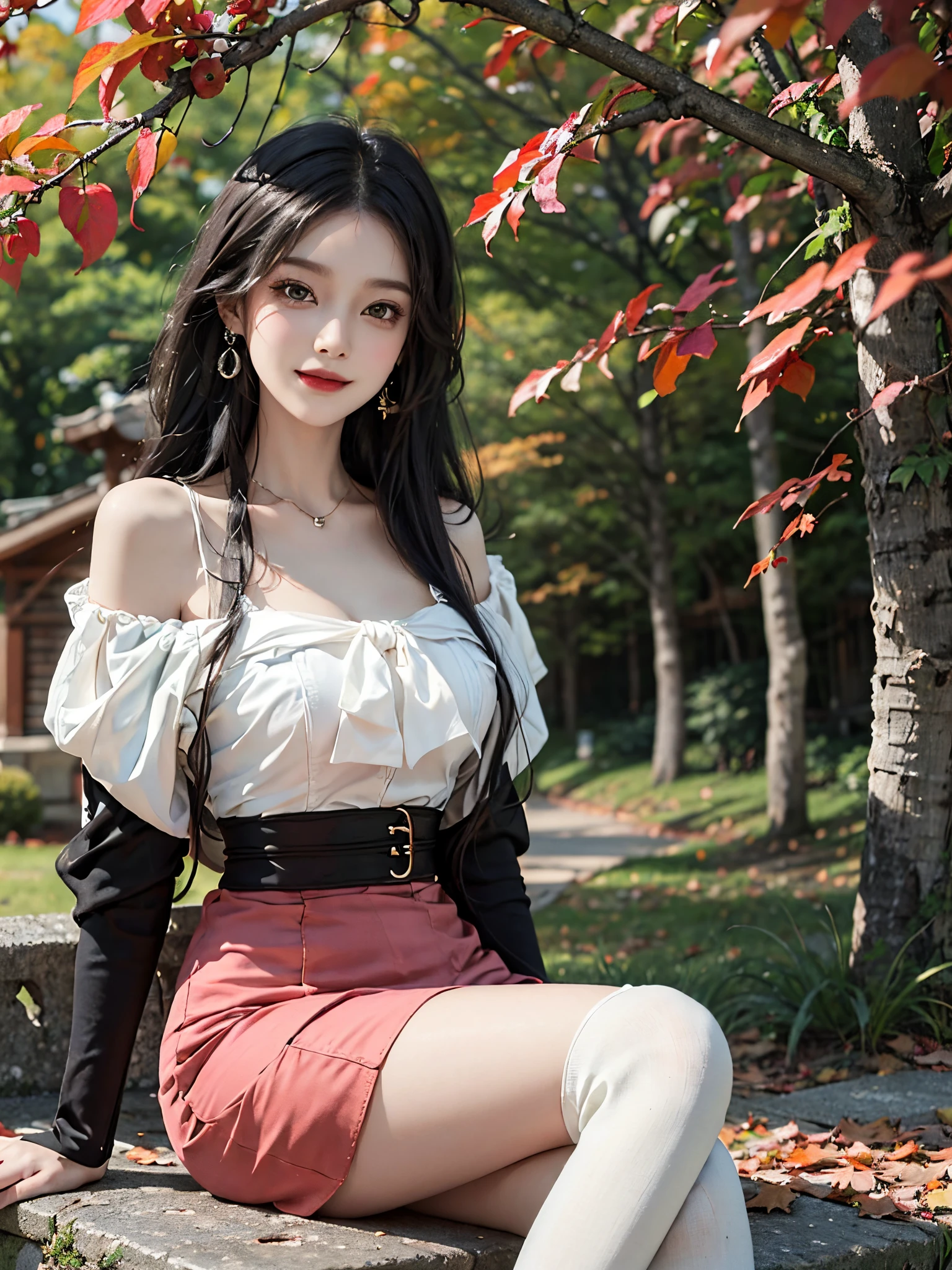 Sweet girl clothes5,high-waist skirt,jewelry,thighhighs,, fashi-girl,red lips,mature female,makeup, (best quality,4k,8k,highres,masterpiece:1.2),ultra-detailed,realistic:1.37,portrait,beautiful girl,youthful female model,sweet girl,masterpiece,extremely detailed description,super fine painting,exquisite face,slim figure,long legs,smile,radiant smile, Sitting on the bench of the gazebo, autumn, autumn wind and leaves