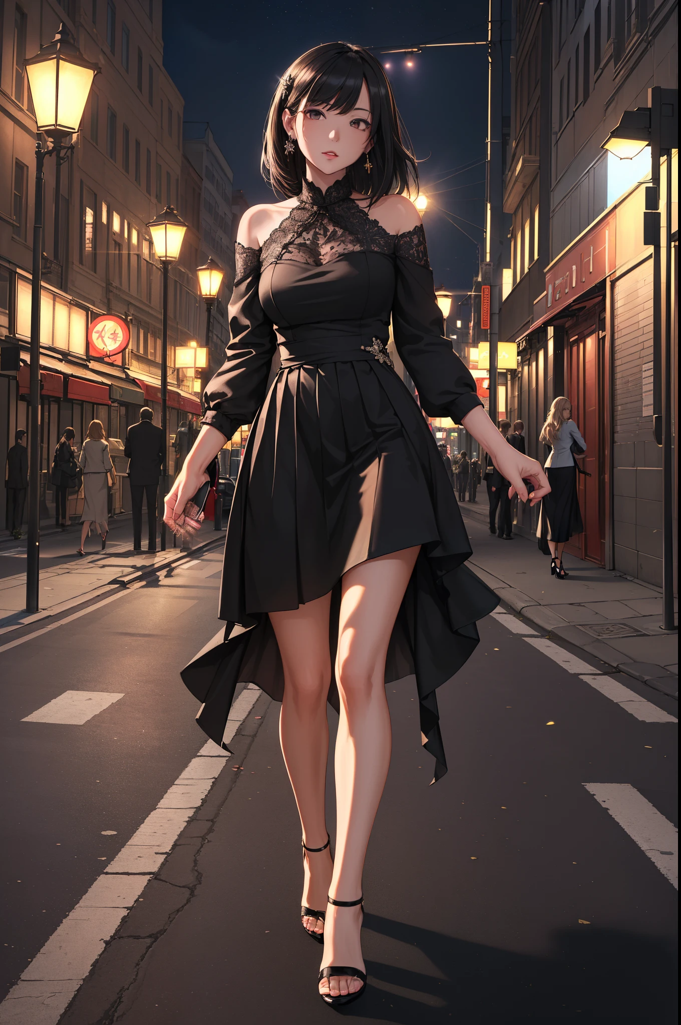 ((masterpiece, high resolution, best quality:1.4, thrilling, Super detailed)), (A lovely woman on the street,Strong light shines on her,darken everything else), open toe high heels, Sefuku, night, street lamp, walk,
