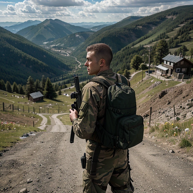 Soldier armed with weapon and Dayz-style backpack on a mountain looking at landscapes with streets and houses similar to those in the Russian countryside