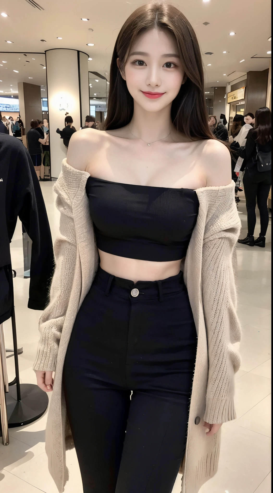 i'I'm a girl around 32 years old..,simplicity,very beautiful and delicate makeup),black colored hair,A sweet smile,Delicate and beautiful fair skin,Exquisite and perfect facial features, realistic and realistic,Detailed depiction of the face,Tall nose bridge,Lots of red reports, gentle and beautiful girl,smooth hair,very detail hair,Feminine temperament,Meet the light on the face,hyper realisitc,Photorealsitic,The 8k quality,Extremely detailed,Realistic details,Extremely realistic works of masters,Big body,Beautiful,pure lust,stunning beauty,matchless beauty,Highest image quality,8K分辨率,goddes,ssmile,Fine facial features,hair over shoulder,brown haired,big long thick legs,(((high-waist French top))),(((falda corta))),rays of sunshine,facing at camera,Well-proportioned and toned body,Thighs that gently catch the eye,standing athletic pose,standing in the mall,Full body photo