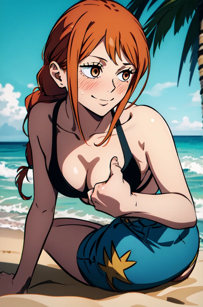 2 girls, (best quality,ultra-detailed,realistic:1.37),anime art style,Nami from One Piece,brown eyes,orange long ponytail hair,blushing,wearing black bikini,playing with sand, gentle ocean waves in the background, bright sunlight shining down on her,seagulls flying in the sky,sparkling blue seawater,detailed sand texture on the beach,shadows cast by palm trees,ass show, butt show, vibrant colors, dynamic pose, playful expression, second girl, wearing black bra, with red hair and braid,black hot tight jeans , has yellow and spiral eyeig boobs, big tits, ((pov)) masterpiece, high resolution,makima\(chainsaw man\) ((perfect hands )) juicy thigs, grabbing breasts,full body, sitting, smiling