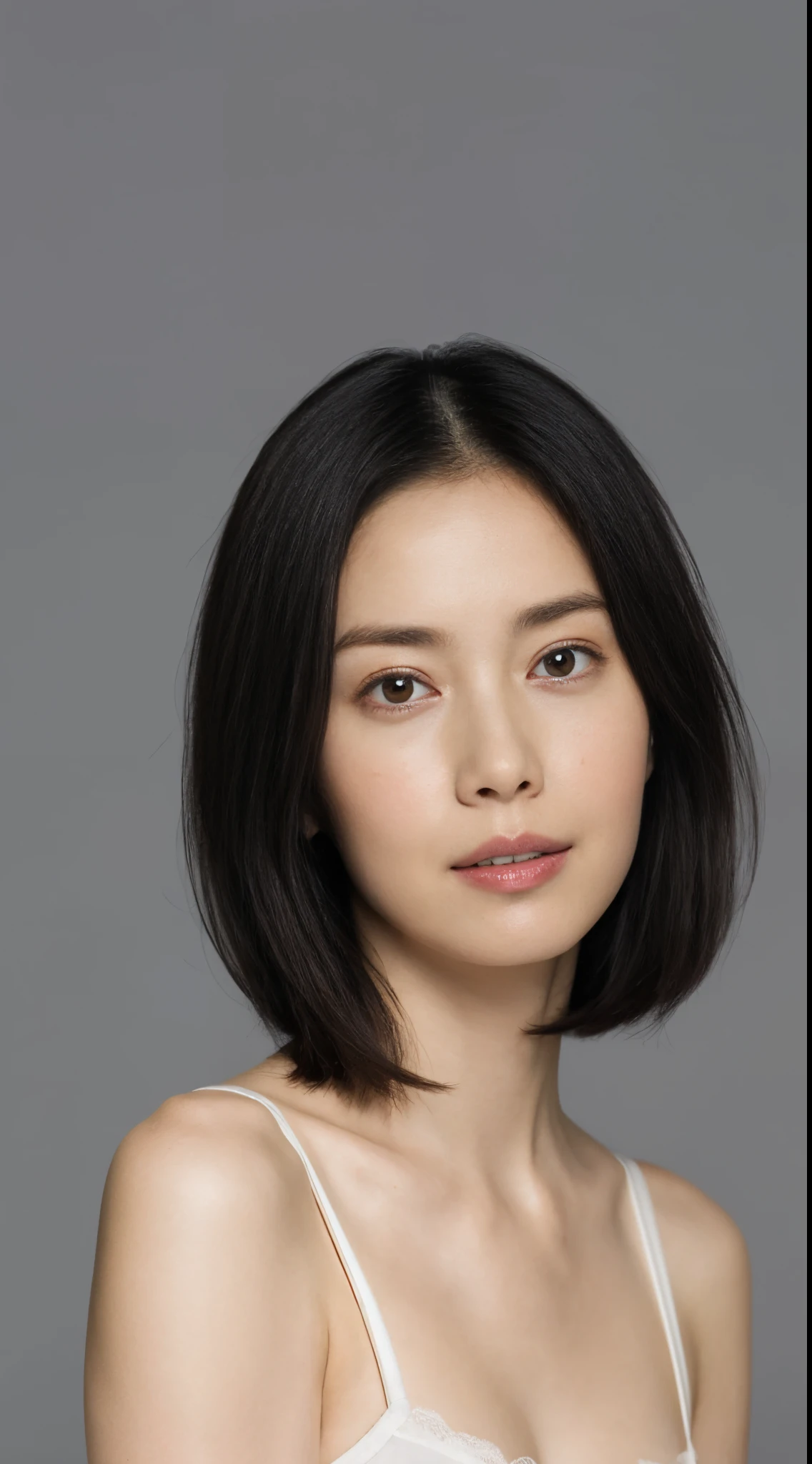 One Japan, Women of short stature, Medium flesh and middle back, slightly plump, Short arms, Single eyelid, Slender eyes, Ephemeral atmosphere, 30-year-old girl, Black Hair Bob Hair, ((thin lipss)), White underwear, masutepiece, Best Quality, Detailed skin, Detailed eyes, ,8K, Good anatomy, Upper body portrait