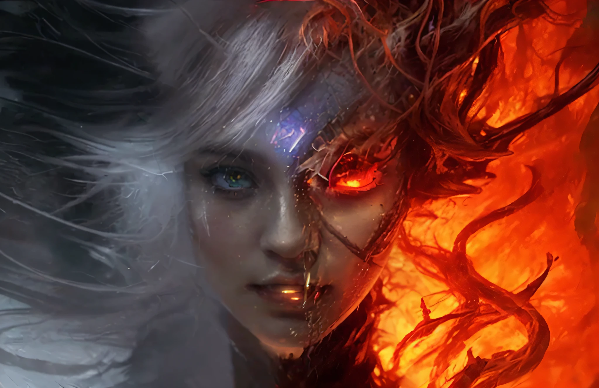 (Best Quality,4k,8K,hight resolution,Masterpiece:1.2),Ultra-detailed,(Realistic,Photorealistic,photo-realistic:1.37),portraits of a beautiful young woman on the left, [illusory:0.9], [dream-like], [mysterious]

Right, her terrifying true form, [SINISTER], [distorted], [ghastly]

demonstrate the contrast between fascination and horror using an artistic color palette: [soft pastels] for left side, [Dark and desaturated colors] for right side lighting: [soft, On-air lighting] From the left side, [Sharp and dramatic lighting] on the right additional information:

- The beautiful young woman on the left is gentle., with [Long flowing hair] pa [Elegant facial features].
- Her illusory form is surrounded [Floating petals], [Gentle Mist], pa [soft glow].
- The right side reveals her terrifying true form. [twisted features], [Sharp fangs], pa [glowing eyes].
- To emphasize contrast, gal [cracks and rot] On the right side, creating a feeling of anxiety.
- All work is framed. [Orus, ornate frame], improving artistic quality.

Remember, The hint format is as follows, that all tags consist of","separate，No other separators or explanations.。
You are welcome, pay attention to the order of the tips above.、Tag selection and other restrictions。
Artistic painting effect, created according to this tip, should be an illustration.，high picture quality，With super fine character details，Use beautiful colors, light and shadow, to highlight the contrast between two different shapes.，One handsome、Dreamy Image，The other is horror、Distorted image。