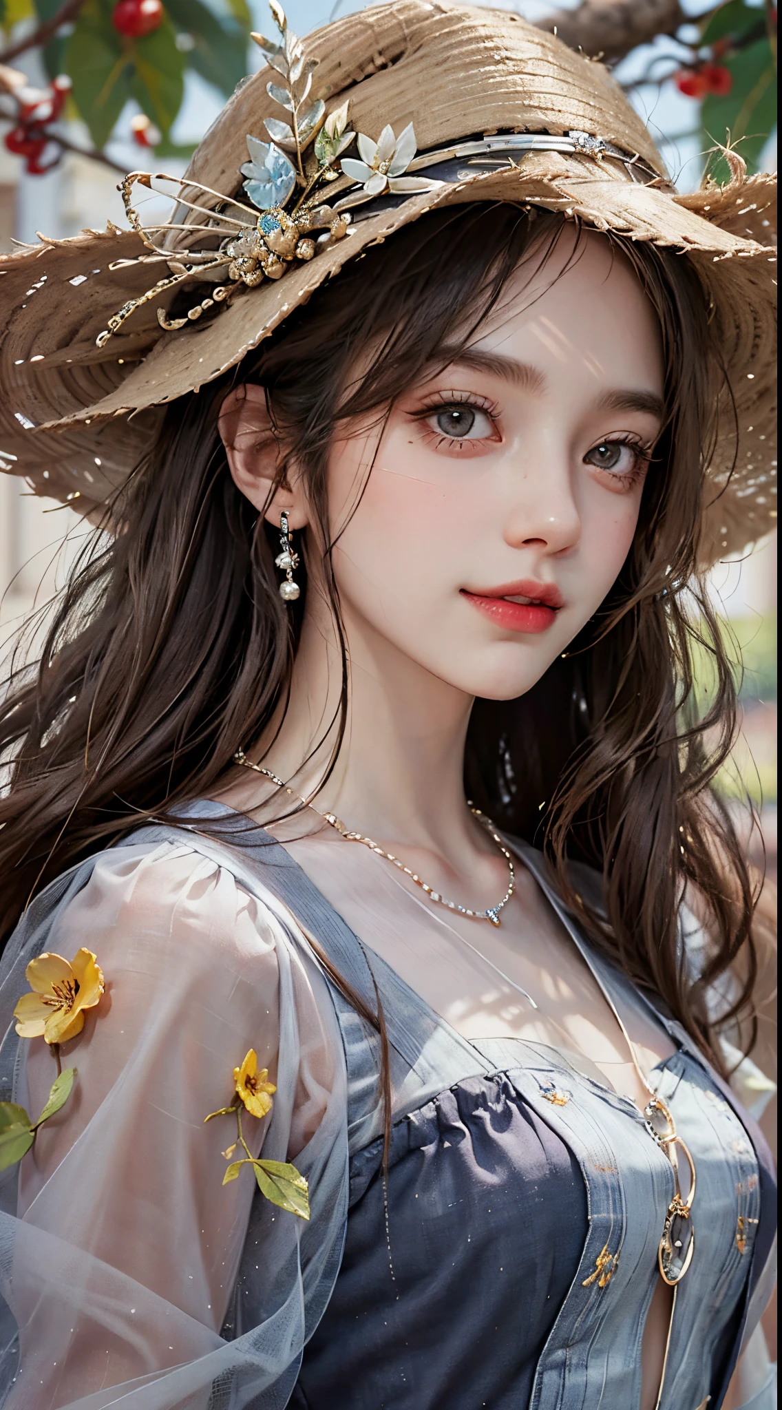 Sweet girl clothes8,(gem:1.3),, fashi-girl,red lips,mature female,makeup, ((Close up)), ((cowboy shot)), (best quality,4k,8k,highres,masterpiece:1.2),ultra-detailed,realistic:1.37,portrait,beautiful girl,youthful female model,sweet girl,masterpiece,extremely detailed description,super fine painting,exquisite face,slim figure,long legs,smile,radiant smile, autumn, autumn wind and leaves