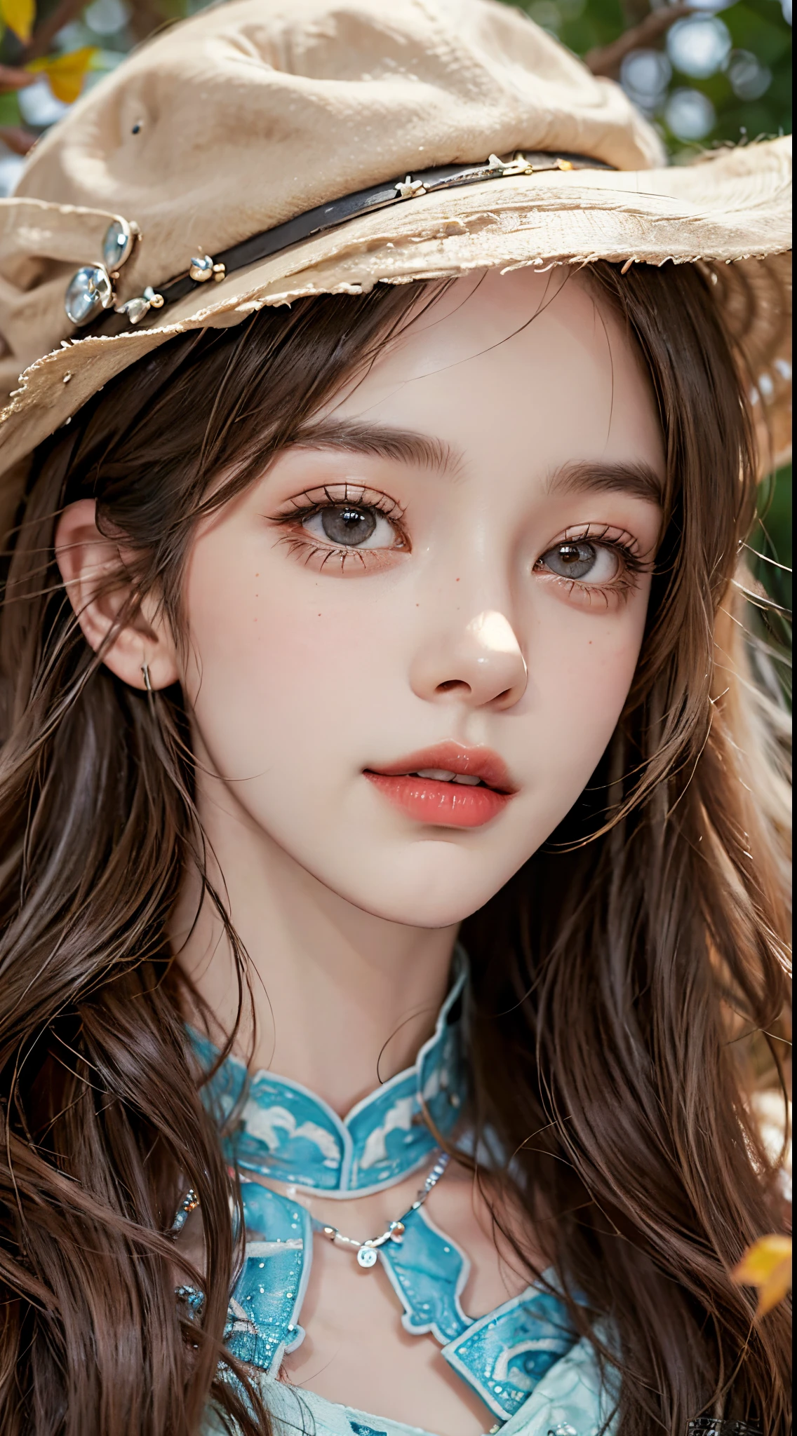 Sweet girl clothes8,(gem:1.3),, fashi-girl,red lips,mature female,makeup, ((Close up)), ((cowboy shot)), (best quality,4k,8k,highres,masterpiece:1.2),ultra-detailed,realistic:1.37,portrait,beautiful girl,youthful female model,sweet girl,masterpiece,extremely detailed description,super fine painting,exquisite face,slim figure,long legs,smile,radiant smile, autumn, autumn wind and leaves