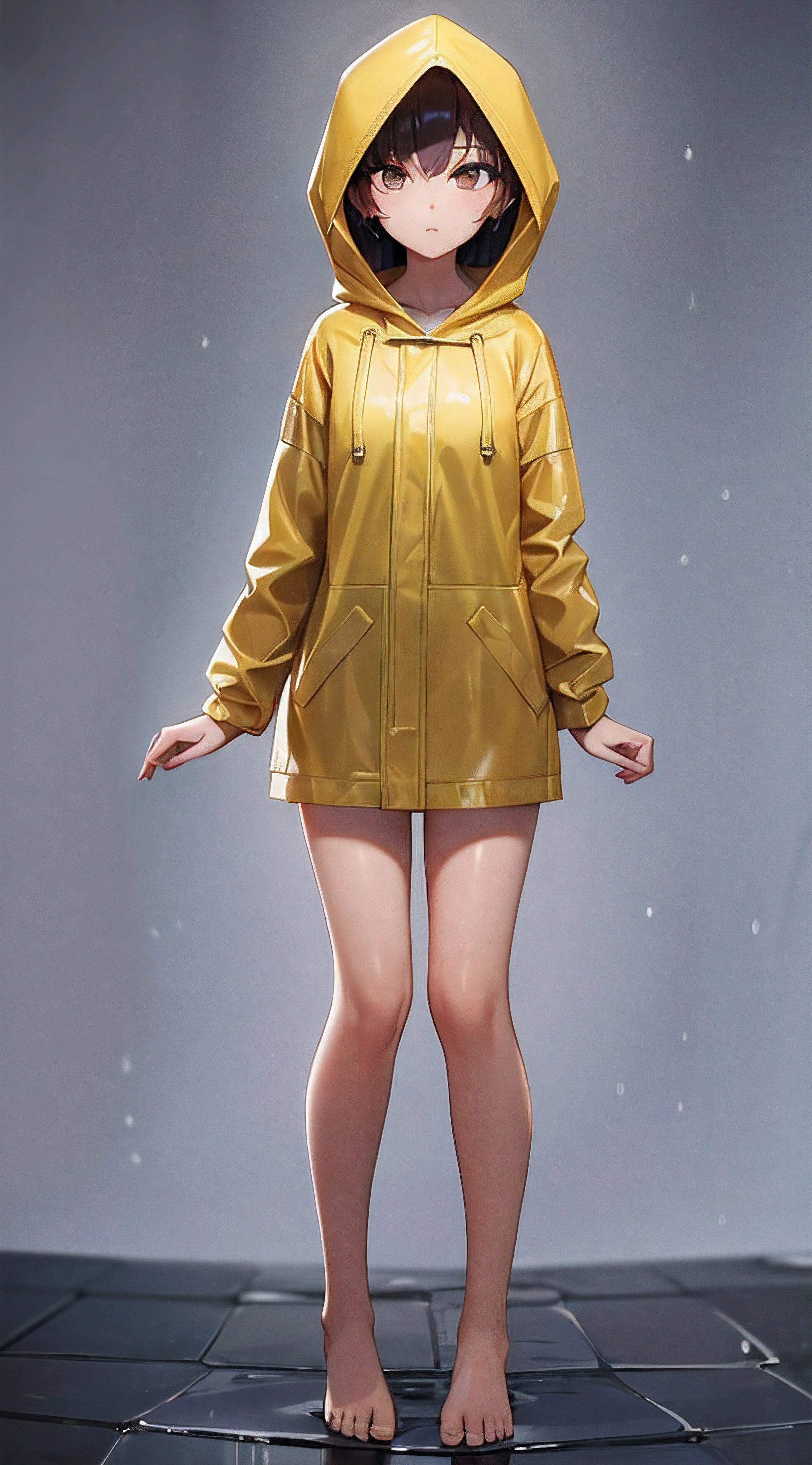 NSFW, Yellow hood raincoat, 1 ，Front view，naked, barefoot，Accentuates the raincoat gel texture，open raincoat rain, Accentuates the translucent texture of the raincoat, beautiful body