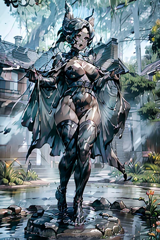 ((Petrifying))、((stone statue))、(Raw photo, Best Quality)、(Realistic, Photorealsitic:1.2)、High quality、(outside of house）、very heavy rain、Water splashed on it、1girll、full body suits、huge tit、Voluptuous thighs、toned waist、Desperate face、Big open mouth、Sad eyes、Figure-eight eyebrows、dishevled hair、Long、There are cracks in the body、Arms outstretched