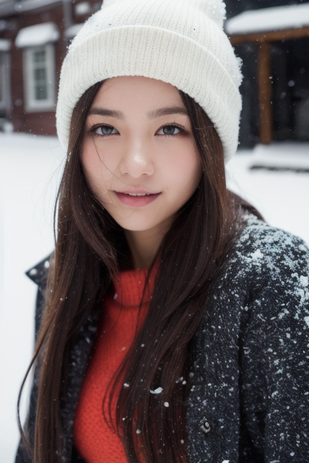 ulzzang -6500-v1.1, (Raw photo:1.2), (Photorealistic:1.4), Beautiful detailed girl, Very detailed eyes and face, Beautiful detailed eyes, Ridiculous, Incredibly ridiculous, Huge file size, super detailed, High resolution, Very detailed, Best Quality, masutepiece, Kemomimi, ((Japan Girls Winter Wear and Beanies)), Illustration, Very detailed, nffsw, unified, 8K Wallpaper, amazing, Fine details, masutepiece, Best Quality, Highly detailed ticker uniform 8K wallpaper, Light on Face, Cinematic lighting, 1girl in, 16 years old, ((Dynamic Pose)), Snow and winter background, Playing in the snow,