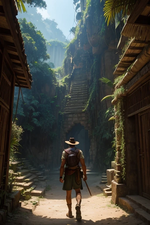 Indiana Jones style adventure explorer in the legendary city lost deep in the South American jungle, shrouded in mysteries and riches beyond imagination. The description of Eldorado is a mixture of mythological and historical elements, Creating a magical and intriguing environment.