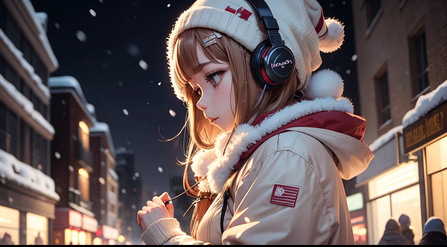 Anime girl listening to music in the wonderful New Year decoration snowing streets