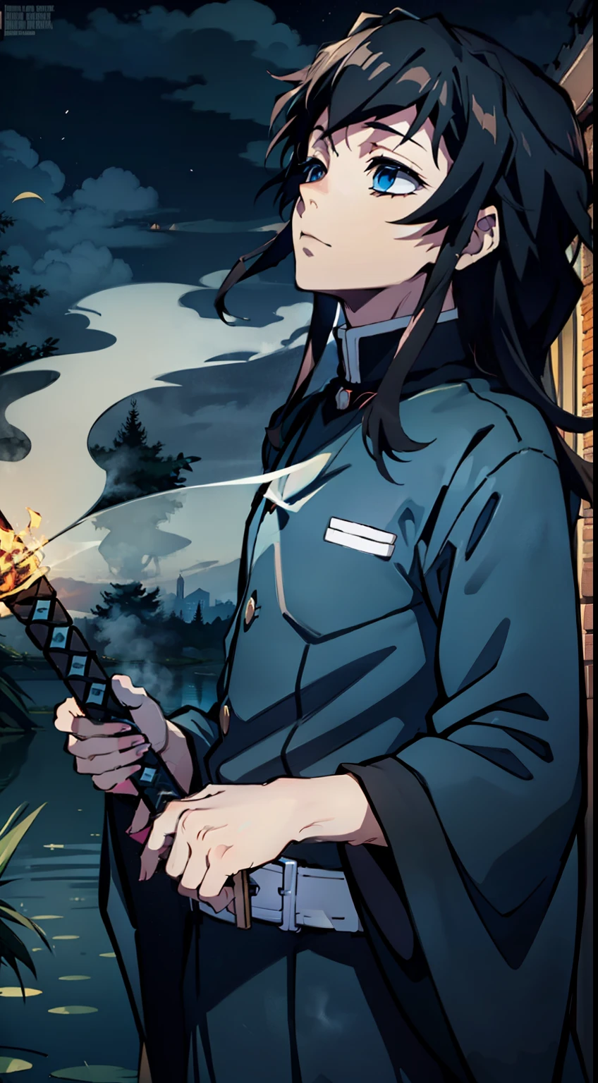 close up, ember, black hair, Ghost, Dark, big blue eyes, Long black hair, dark blue kimano, demon slayer clothing, Tokito Muichiro from Demon Slayer (Character design), Ultra Detailed, blue transparent smoke around, realistic style, Old Night Pond, full - body, Man in black robe, Tying your hair、Sword in hand.Kasumi、Fog in the background