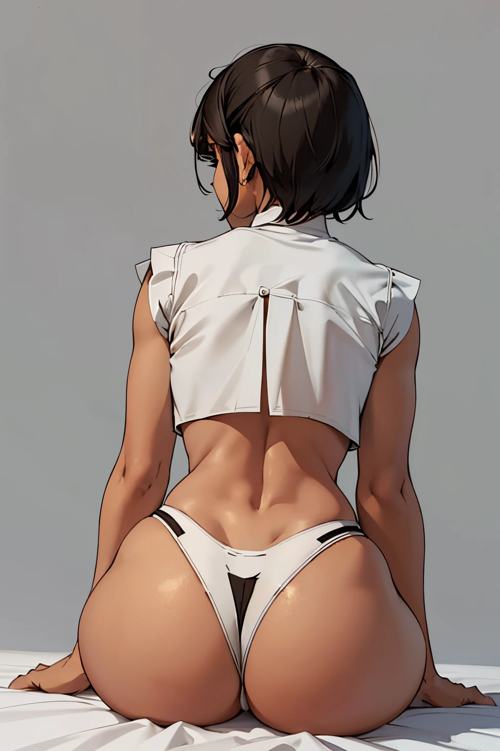 a backview of a woman sit back to camera, (((backside))), short black hair, wearring cute pantie, slimthick, simple light, uncontrasted, textured flat background,, brown skin, large body, glamour, silhuetas simples, provocador, (((crop top shirt)))