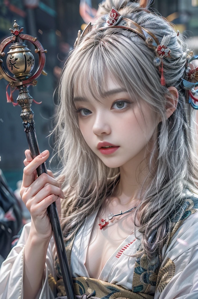 (Photoreal Stick:1.4, masutepiece:1..3, 8K), top-quality, masterpiece, 超A high resolution, Perfect dynamic composition, Professional camera work, Grow Light Effect, Mystical portrait, Cinematic Light, Highly detailed skin and facial texture:1.3, The ultra-detailliert, A detailed eye, (riding a silver dragon, carry a long noble staff), (myterious:1.3, Fanciful:1.2, tradition:1.2, legends:1.2, myth:1.2, majestueux:1.2), 1girl in, 25-years old, cute and sexy slim goddess, Fair skin, (A slight smil:0.9, Totally captivates you:1.0), (japanese miko costume:1.3), (voluptuous breasts:0.9), (back shot beautiful blue eyes, Eyes that feel beautiful eros:0.85), Sexy face:0.4, (A mouthfeel that feels beautiful eros:0.85), ((Too cute beauty:0.9)), Fantastic background, Eliminate unnecessary hands