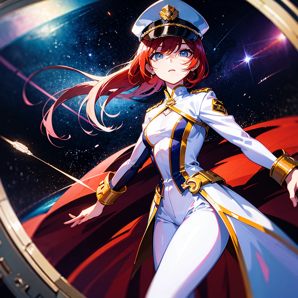 (((masterpiece)))、(((Top image quality)))、(((top-quality)))、(((highly detailed unity 8kwall-paper)))、(Illustration of one woman)、30-years old、(Viceroy)、((Red-haired shorthair))、(Thin hair hanging down both sides of the face)、Blue eyes、((Tall))、((Muscle Woman、stocky build、muscular legs、broad shoulders、solid chest))、((Military uniforms))、((Military Cap))、((Military coat))、(white clothes)、(White pants)、(White cap)、trench coat、((Inside the spaceship))、(The universe outside the window、Earth seen from space、Spaceport)