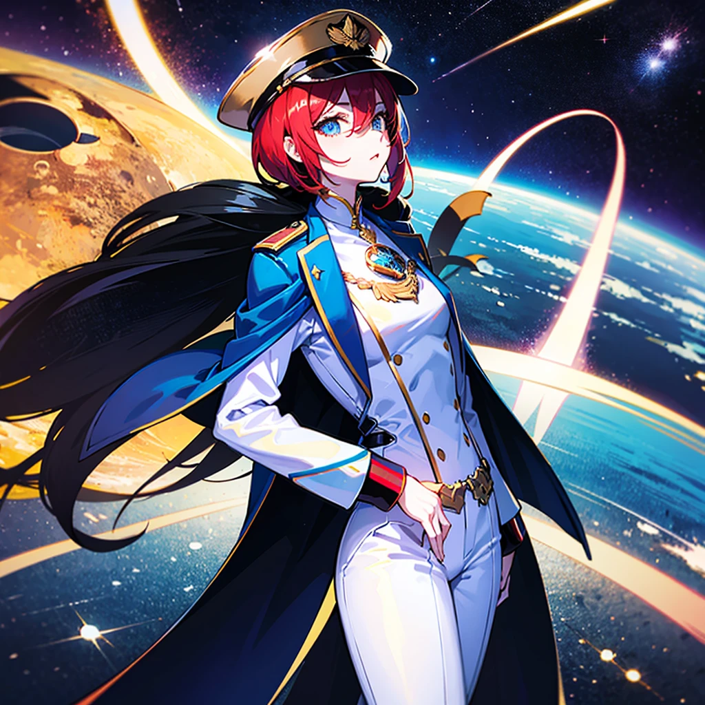 （（（​masterpiece）））、（（（Top image quality）））、（（（top-quality）））、（Illustration of one woman）、30-years old、（Viceroy）、（（Red-haired shorthair））、（Thin hair hanging down both sides of the face）、Blue eyes、（（Tall））、（（Muscle Woman、stocky build、muscular legs、broad shoulders、solid chest））、（（Military uniforms））、（（Military Cap））、（（Military coat））、（white  clothes）、（White pants）、（White cap）、trench coat、（（Spacecraft Bridge））、（Outside the window、kosmos、Earth seen from space、Spaceport）