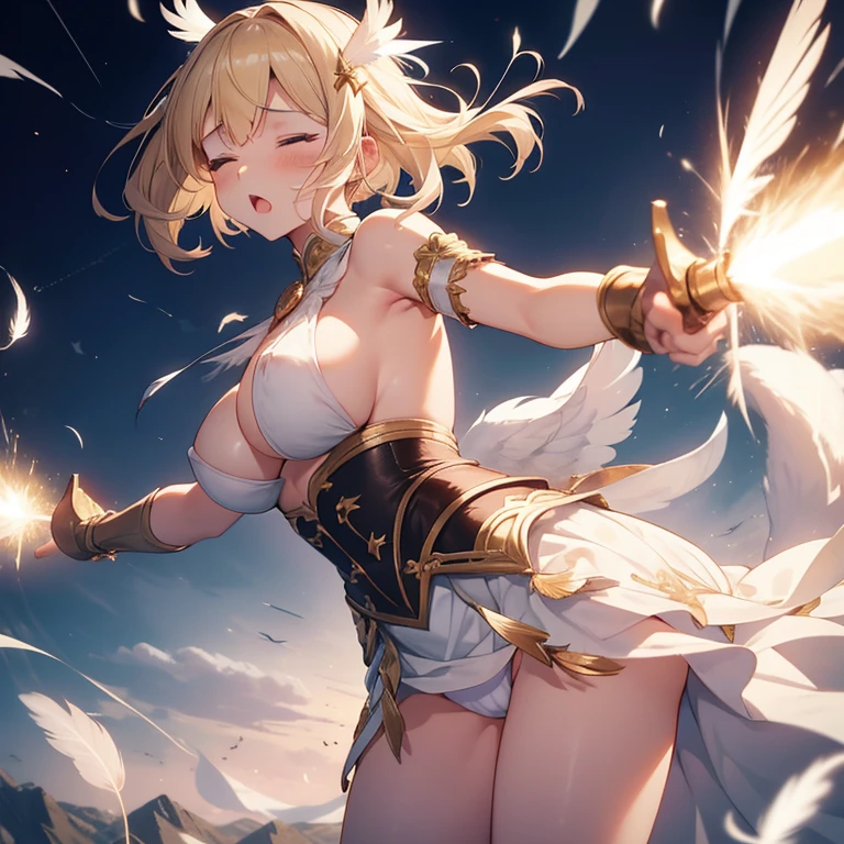 Fantasia, 1 girl with white feathers, feather ornament, blond, white undergarment, camel toe, Colossal tits, a miniskirt, closed eyes, :o, pain, screaming, tottering, dynamic pose, lightning glare, perfect anatomy, arched back, energy drain, disintegrate effect