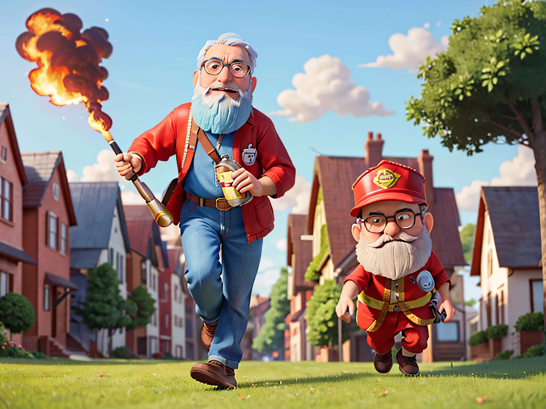 masterpiece, best quality, an old man with glasses and beard, wearing a fireman's outfit, running down the street, holding a fire extinguisher in his hand, light blue sky in the background and green grass, pixar style