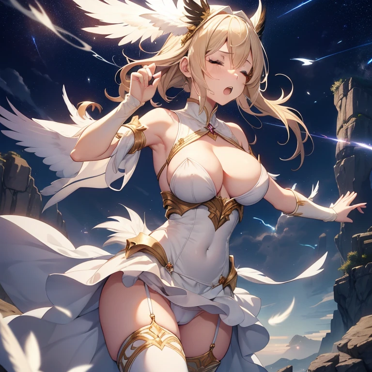 Fantasia, 1 girl with white feathers, feather ornament, blond, white undergarment, camel toe, Colossal tits, a miniskirt, closed eyes, :o, pain, screaming, tottering, dynamic pose, lightning glare, perfect anatomy, arched back, energy drain, disintegrate effect, dissolving clothes, nipples