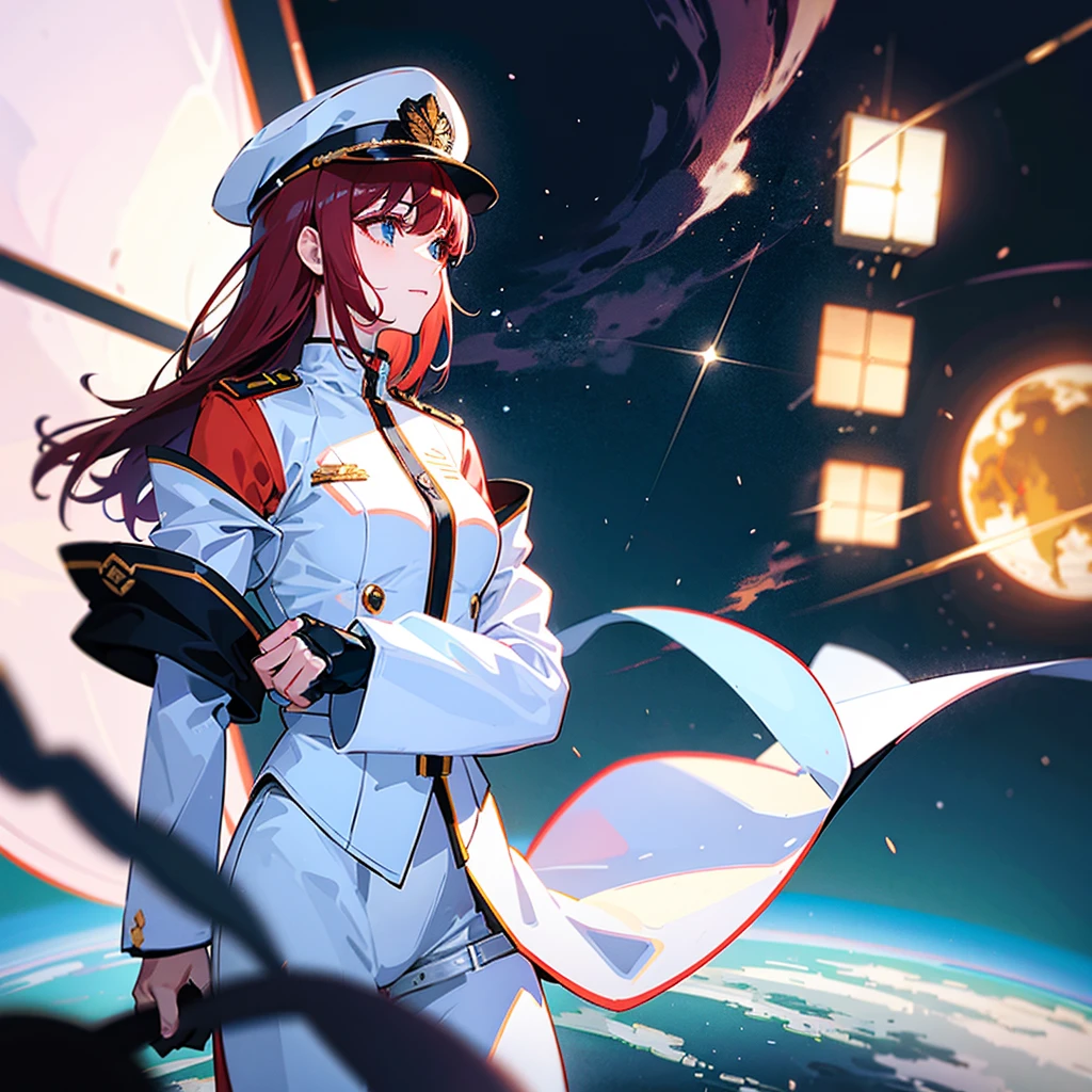 (((masterpiece)))、(((Top image quality)))、(((top-quality)))、(Illustration of one woman)、30-years old、(Viceroy)、((Red-haired shorthair))、(Thin hair hanging down both sides of the face)、Blue eyes、((Tall))、((Muscle Woman、stocky build、muscular legs、broad shoulders、solid chest))、((Military uniforms))、((Military Cap))、((Military coat))、(white clothes)、(White pants)、(White cap)、trench coat、((Inside the bridge of the spaceship))、(Outside the window、kosmos、Earth seen from space、Spaceport)