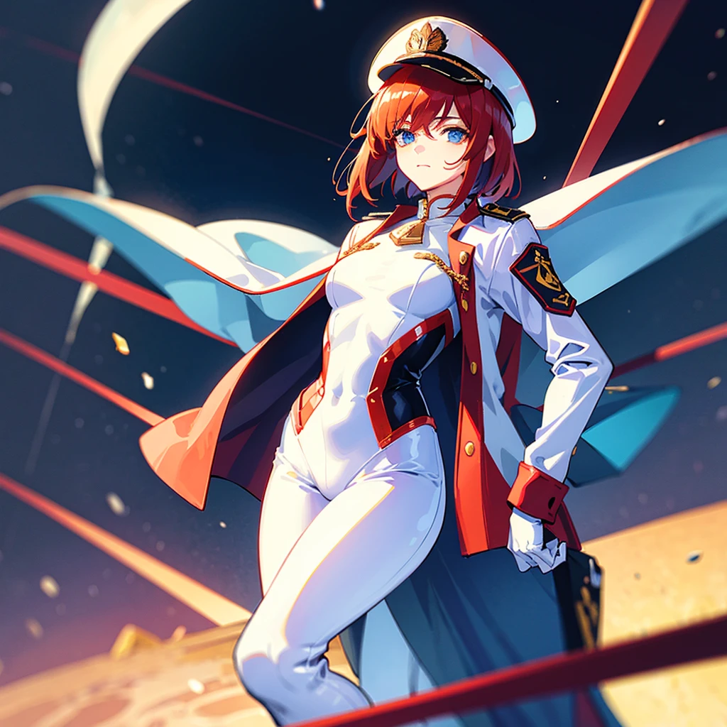 (((masterpiece)))、(((Top image quality)))、(((top-quality)))、(Illustration of one woman)、30-years old、(Viceroy)、((Red-haired shorthair))、(Thin hair hanging down both sides of the face)、Blue eyes、((Tall))、((Muscle Woman、stocky build、muscular legs、broad shoulders、solid chest))、((Military uniforms))、((Military Cap))、((Military coat))、(white clothes)、(White pants)、(White cap)、trench coat、((Inside the spaceship))、(The universe outside the window、Earth seen from space、Spaceport)