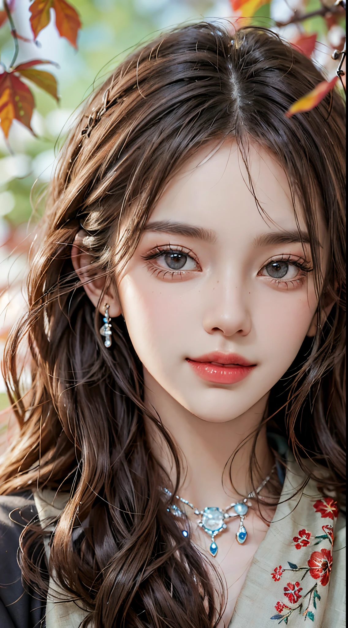 Sweet girl clothes8,(gem:1.3),, fashi-girl,red lips,mature female,makeup, ((Close up)), ((cowboy shot)), (best quality,4k,8k,highres,masterpiece:1.2),ultra-detailed,realistic:1.37,portrait,beautiful girl,youthful female model,sweet girl,masterpiece,extremely detailed description,super fine painting,exquisite face,slim figure,long legs,smile,radiant smile, autumn, autumn wind and leaves