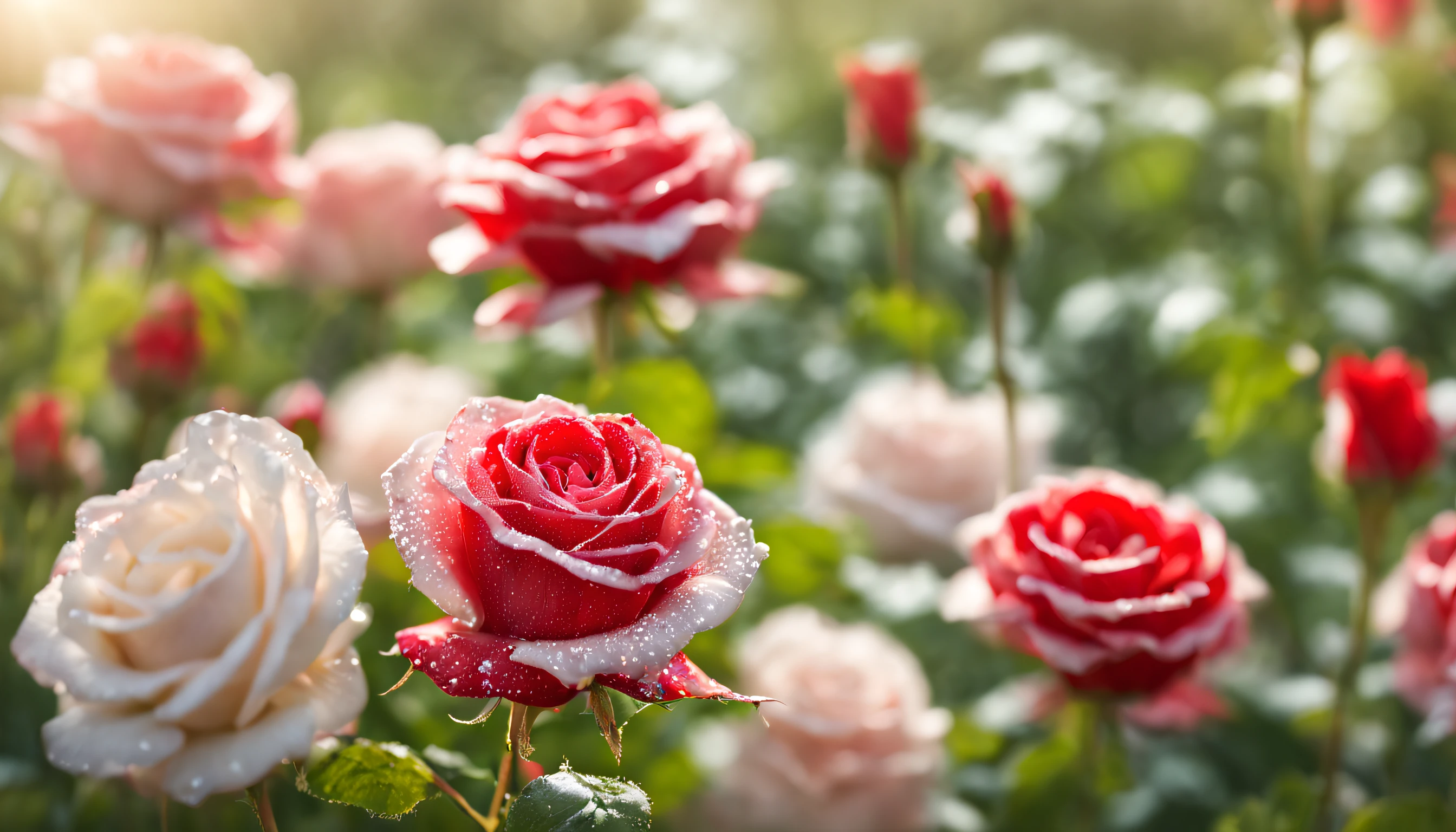 Many red and white color rose flowers in the garden and sunlight with bokeh, dew drops on flower petalasterpiece, ultra quality, high resolution, 8k, intricate: 1.2), (masterpiece), (best quality:1)