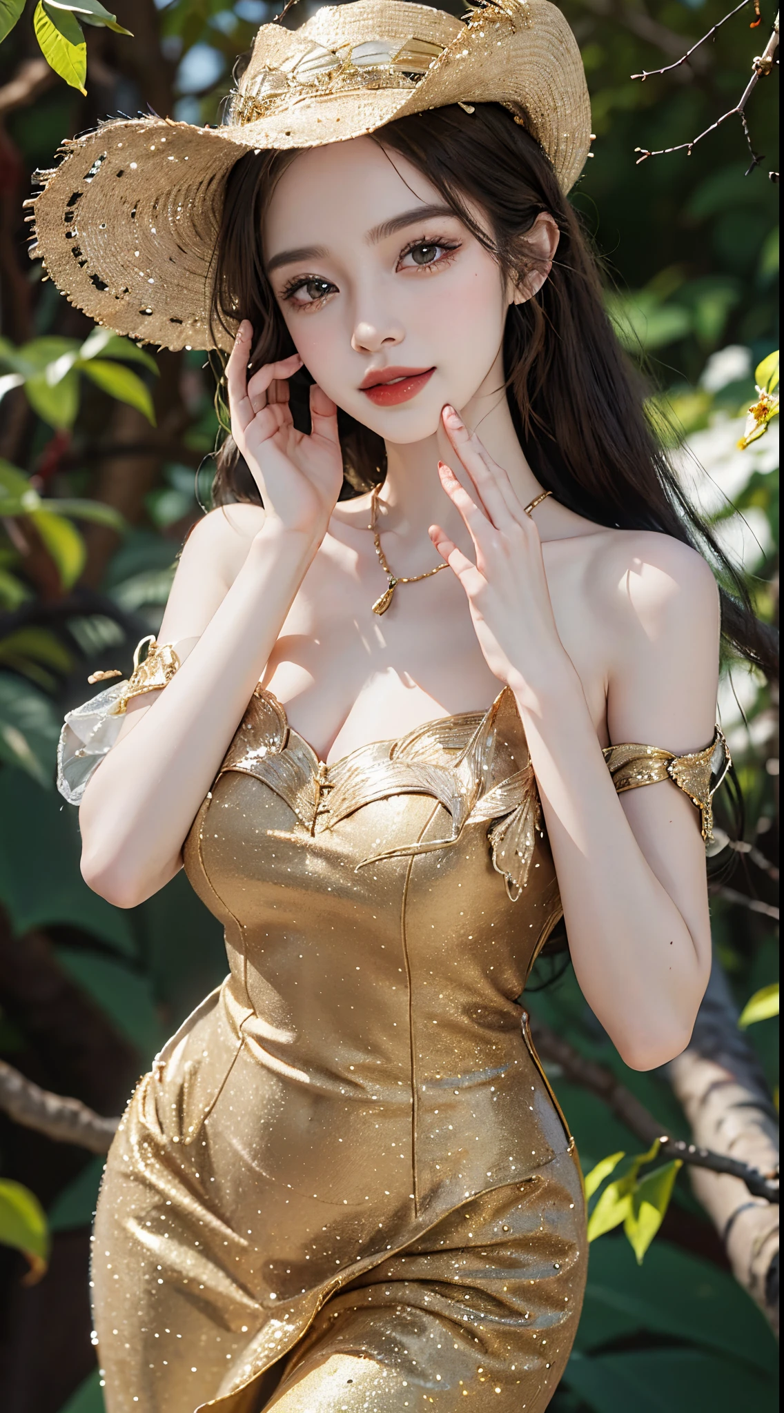 dress, fashi-girl,red lips,mature female,makeup, ((Close up)), ((cowboy shot)), (best quality,4k,8k,highres,masterpiece:1.2),ultra-detailed,realistic:1.37,portrait,beautiful girl,youthful female model,sweet girl,masterpiece,extremely detailed description,super fine painting,exquisite face,slim figure,long legs,smile,radiant smile, autumn, autumn wind and leaves