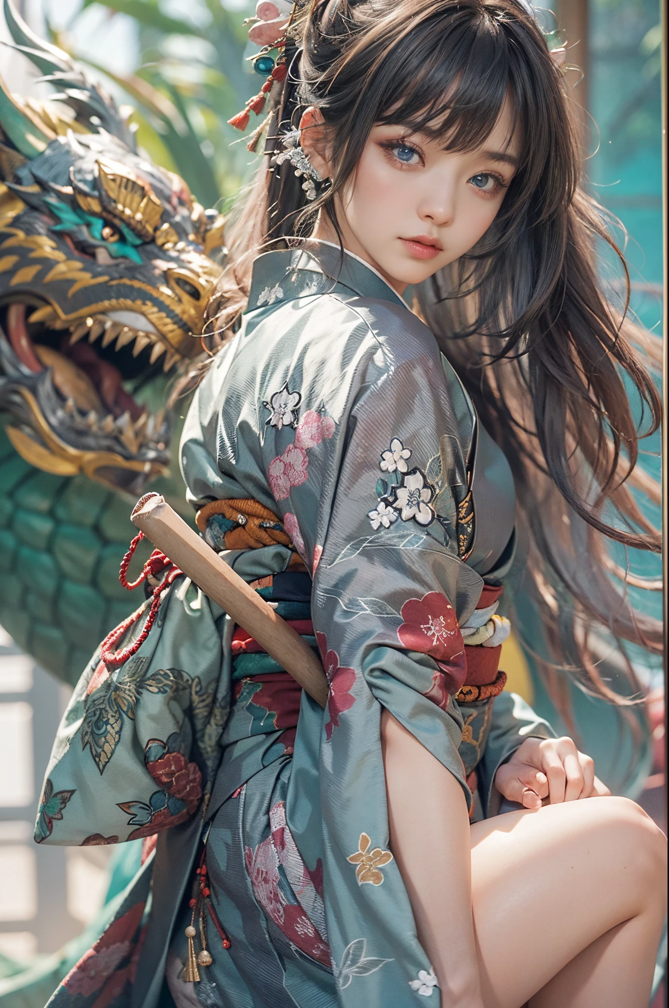 (Photoreal Stick:1.4, masutepiece:1..3, 8K), top-quality, masterpiece, 超A high resolution, Perfect dynamic composition, Professional camera work, Grow Light Effect, Mystical portrait, Cinematic Light, Highly detailed skin and facial texture:1.3, The ultra-detailliert, A detailed eye, (riding a silver dragon, carry a long noble staff), (myterious:1.3, Fanciful:1.2, tradition:1.2, legends:1.2, myth:1.2, majestueux:1.2), 1girl in, 25-years old, cute and sexy slim goddess, Fair skin, (A slight smil:0.9, Totally captivates you:1.0), (japanese kimono:1.3), (voluptuous breasts:0.9), (back shot beautiful blue eyes, Eyes that feel beautiful eros:0.85), Sexy face:0.4, (A mouthfeel that feels beautiful eros:0.85), ((Too cute beauty:0.9)), Fantastic background, Eliminate unnecessary hands