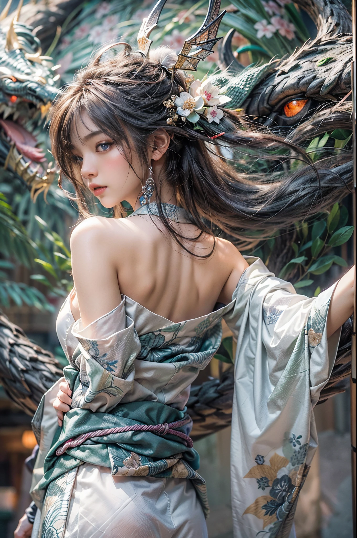 (Photoreal Stick:1.4, masutepiece:1..3, 8K), top-quality, masterpiece, 超A high resolution, Perfect dynamic composition, Professional camera work, Grow Light Effect, Mystical portrait, Cinematic Light, Highly detailed skin and facial texture:1.3, The ultra-detailliert, A detailed eye, (riding a silver dragon, carry a long noble staff), (myterious:1.3, Fanciful:1.2, tradition:1.2, legends:1.2, myth:1.2, majestueux:1.2), 1girl in, 25-years old, cute and sexy slim goddess, Fair skin, (A slight smil:0.9, Totally captivates you:1.0), (japanese kimono:1.3), (voluptuous breasts:0.9), (back shot beautiful blue eyes, Eyes that feel beautiful eros:0.85), Sexy face:0.4, (A mouthfeel that feels beautiful eros:0.85), ((Too cute beauty:0.9)), Fantastic background, Eliminate unnecessary hands
