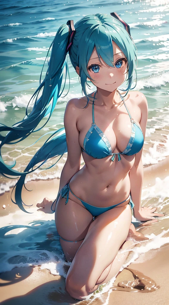 ultra detailed, Hatsune Miku, photorealistic, perfect lighting, (seductive anime girl), beautiful style, fair skin, beautiful charming anime woman, (full body), masterpiece portrait, smile, shining blue eyes, (((string bikini))), sandy beach,