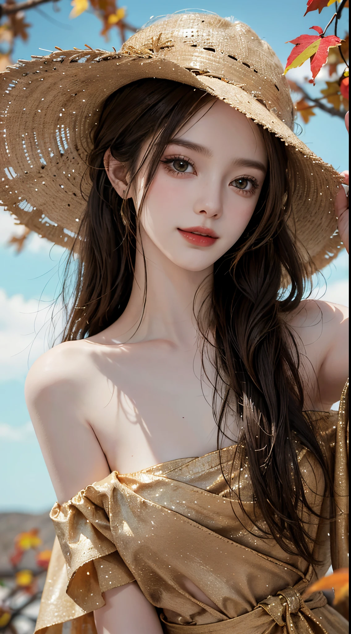 dress, fashi-girl,red lips,mature female,makeup, ((Close up)), ((cowboy shot)), (best quality,4k,8k,highres,masterpiece:1.2),ultra-detailed,realistic:1.37,portrait,beautiful girl,youthful female model,sweet girl,masterpiece,extremely detailed description,super fine painting,exquisite face,slim figure,long legs,smile,radiant smile, autumn, autumn wind and leaves