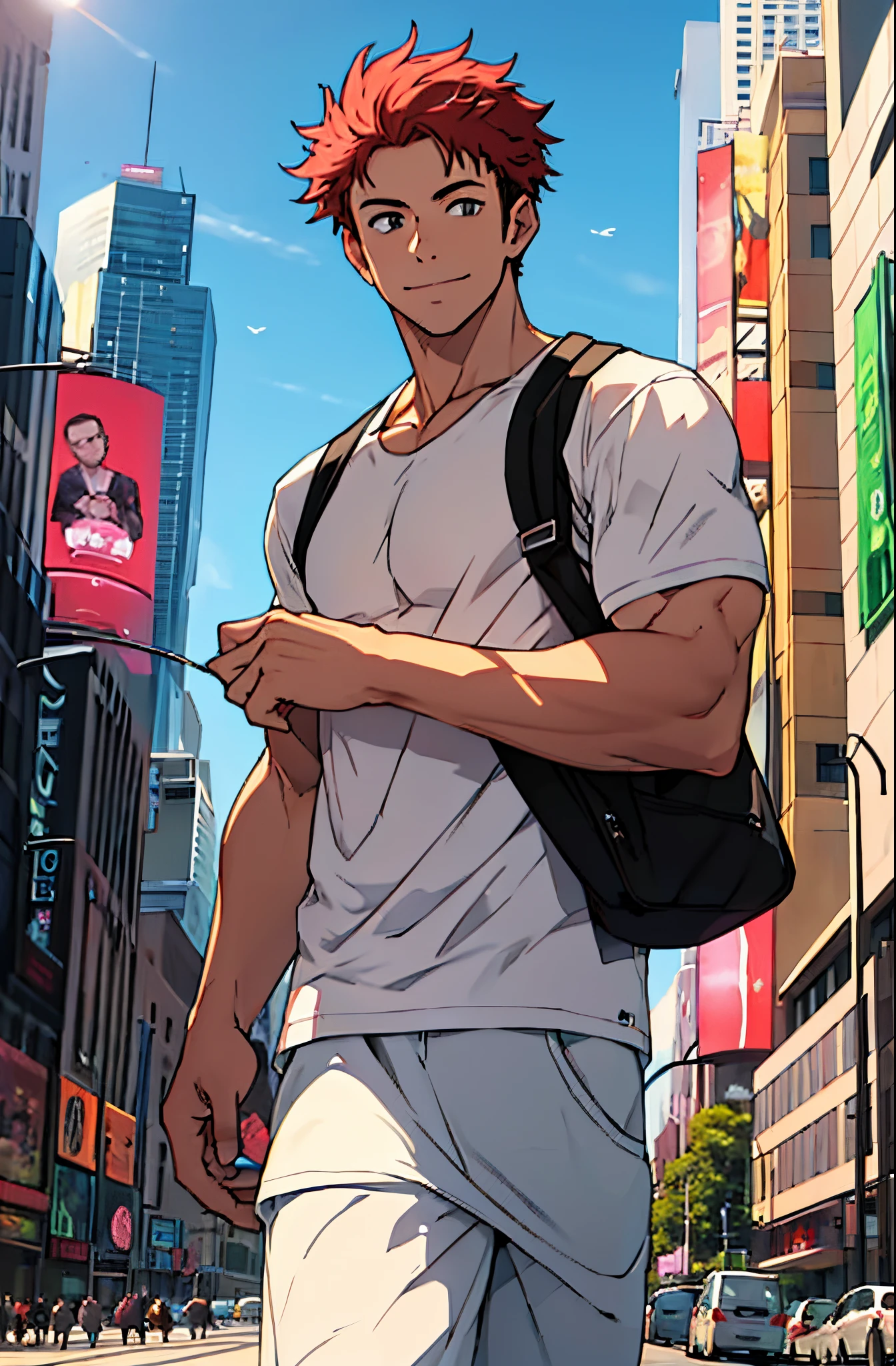 A mais alta qualidade, 8K, image high resolution, Detailed strokes, no meio de uma avenida movimentada estilo Times Square nevando, inverno, tirando uma self , adolecente, orange hair , wearing a tanktop , sorrindo, masculo, chest a little tight in the shirt , (foto de perto) , pernas definidas, defined arms, abdomen definido, com a camisa,