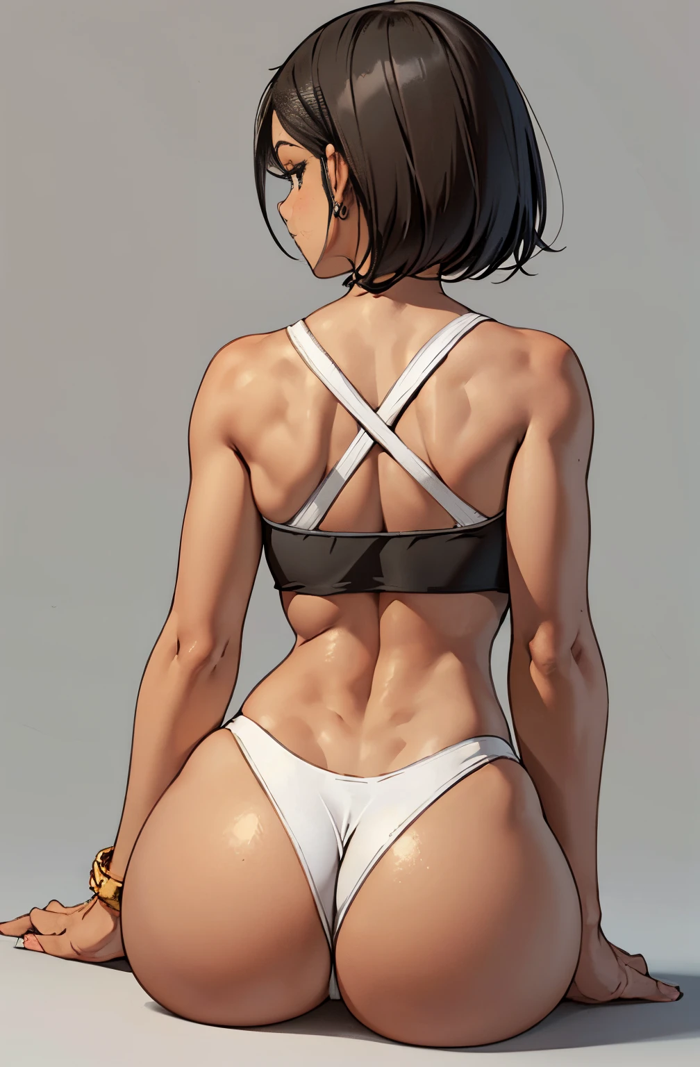 a backview of a woman sit back to camera, (((backside))), short black hair, wearring cute pantie, slimthick, simple light, uncontrasted, textured flat background,, brown skin, large body, glamour, silhuetas simples, provocador, (((crop top dress)))