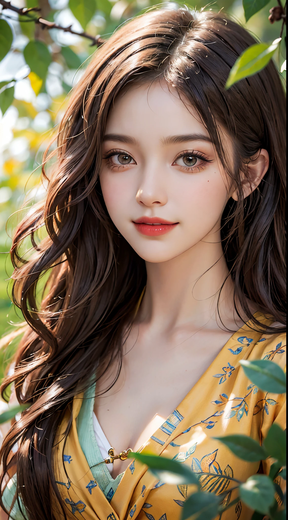 Sweet girl clothes9,yellow dress,, fashi-girl,red lips,mature female,makeup, ((Close up)), ((cowboy shot)), (best quality,4k,8k,highres,masterpiece:1.2),ultra-detailed,realistic:1.37,portrait,beautiful girl,youthful female model,sweet girl,masterpiece,extremely detailed description,super fine painting,exquisite face,slim figure,long legs,smile,radiant smile, autumn, autumn wind and leaves