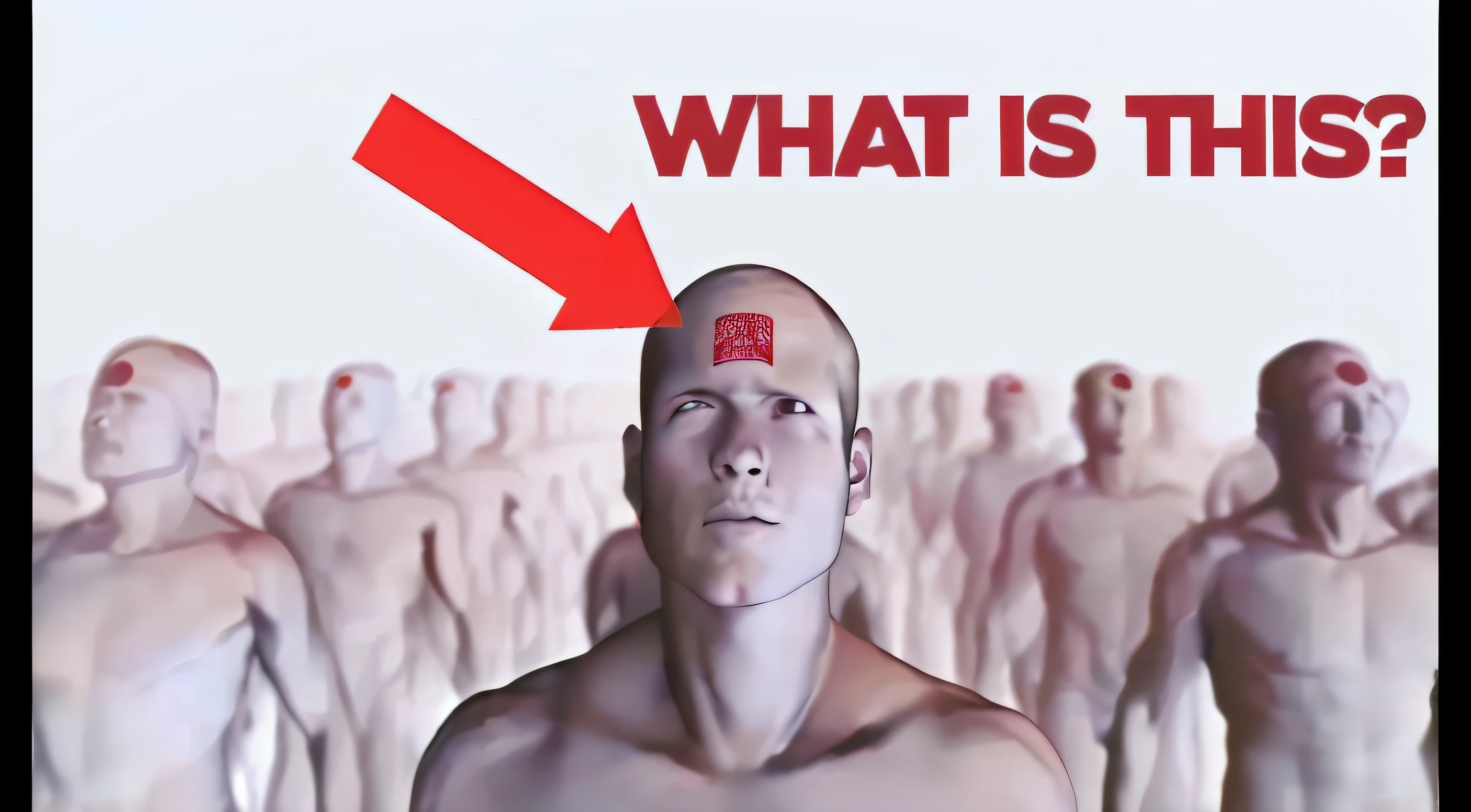 There'um homem com um marcador vermelho na testa, terceiro olho no meio da testa, com uma figura ao fundo, where everyone is, transumanismo, easy to understand, whose mind is pure machinery, Hair buzzing at the temple, you can see in the picture, india tika third eye, below is the crowd