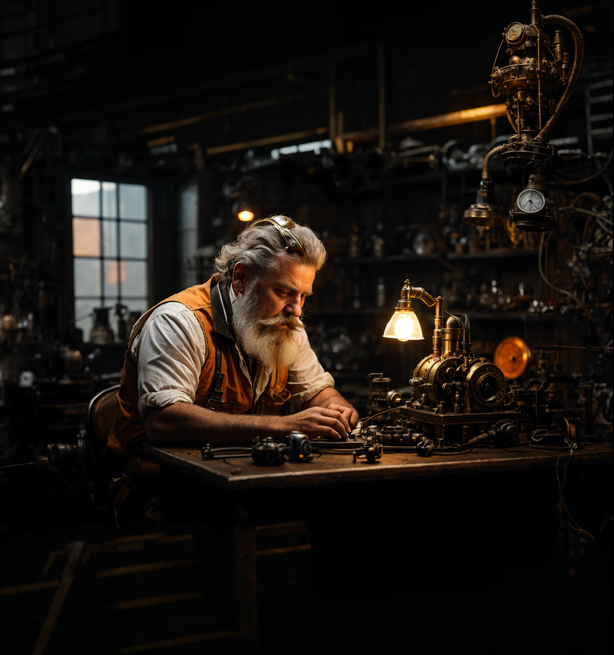 arafed man working on a machine in a workshop, old charismatic mechanic, he is in a alchemist lab, in a steampunk laboratory, steampunk engineer, dwarf scientist of 1 9 century, medieval alchemist in the dark, steampunk imagery themed, by Aleksander Gierymski, by Kazimierz Wojniakowski, old man doing hard work, steampunk male portrait