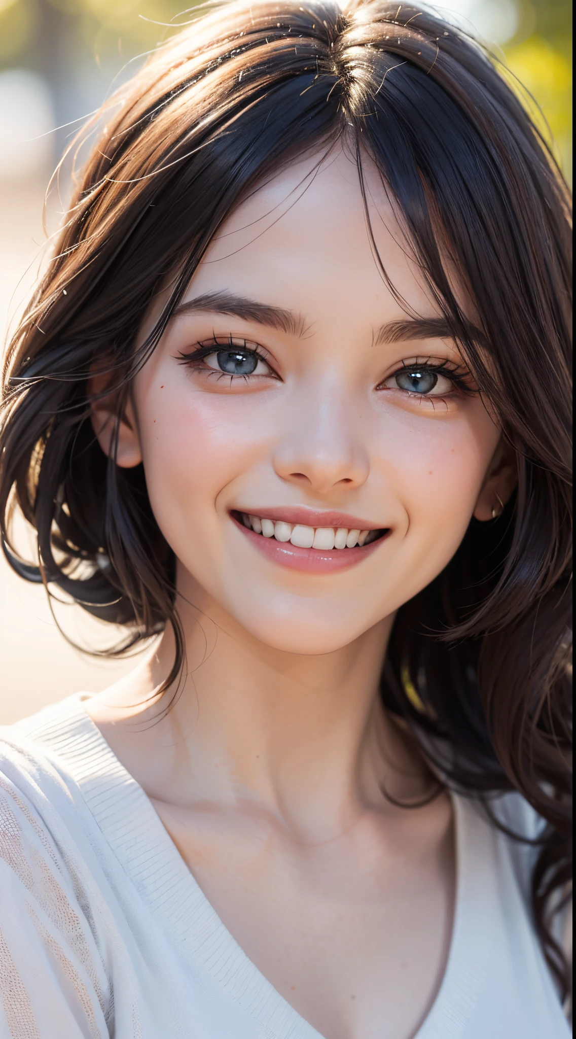 (UHD, retina, masterpiece, ccurate, anatomically correct, textured skin, super detail, high details, high quality, best quality, highres, 1080P, HD, 4K, 8k, 16k), (beautiful detailed eyes, beautiful detailed lips, extremely detailed eyes and face), studio lighting, physically-based rendering, vivid colors, (large breasts, glamorous body), (simple shirt dress), (portrait, shiny hair, shiny skin, blush), (in nature, bokeh), eye reflection, jet black hair, (smile and laugh:1.5),