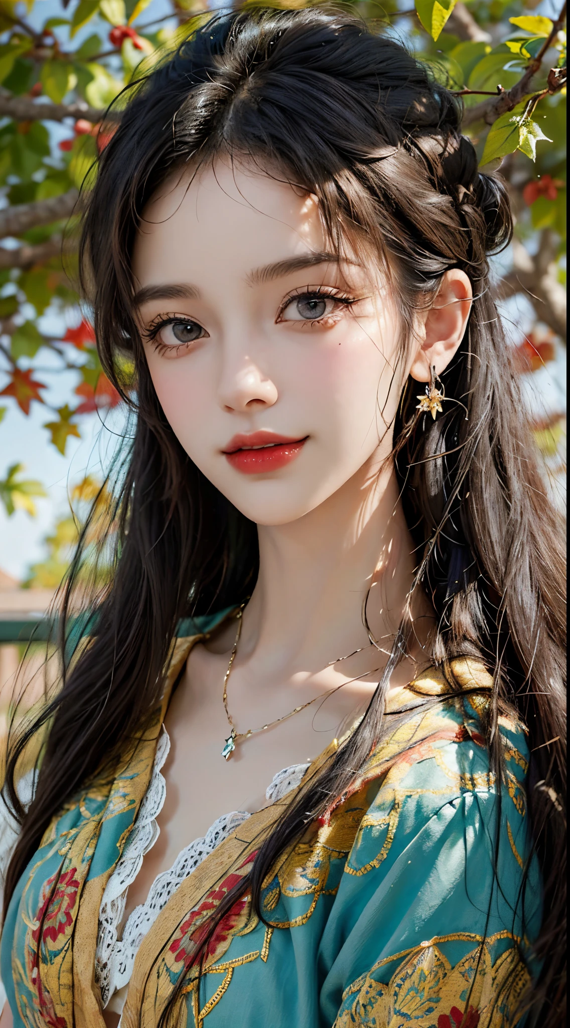 short,camisole,, fashi-girl,red lips,mature female,makeup, ((Close up)), ((cowboy shot)), (best quality,4k,8k,highres,masterpiece:1.2),ultra-detailed,realistic:1.37,portrait,beautiful girl,youthful female model,sweet girl,masterpiece,extremely detailed description,super fine painting,exquisite face,slim figure,long legs,smile,radiant smile, autumn, autumn wind and leaves